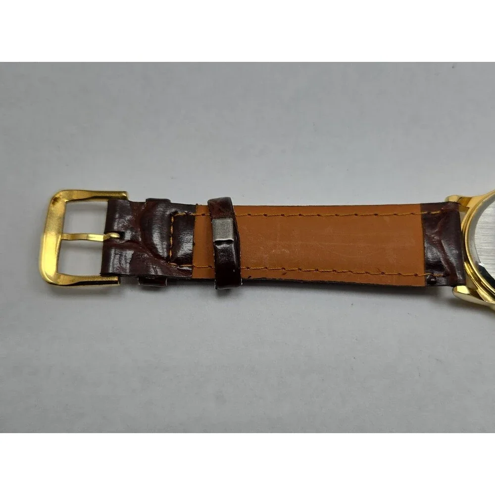 Womens Vintage Avon Moon Phase Date Womens Gold Tone Leather Watch New Battery